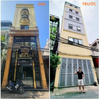 Hình ảnh so sánh TRƯỚC và SAU khi Hanoicons cải tạo nhà phố dinh thự anh Hùng Bá, thay đổi hoàn toàn kiến trúc mặt tiền.