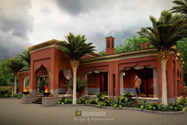 Thiết kế biệt thự vườn 1 tầng phong cách Ấn Độ màu Terracotta hồng cam.