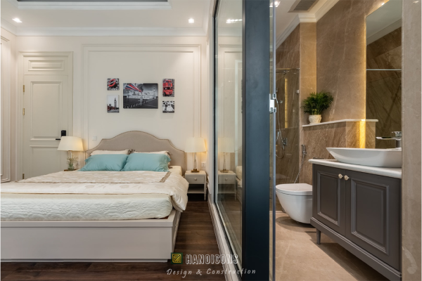 Toàn cảnh thực tế thi công nội thất phòng ngủ phụ biệt thự Tân cổ điển tại Hưng Yên.