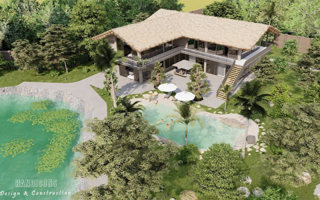 Phối cảnh 3D tổng thể quy hoạch khu nghỉ dưỡng sinh thái 5 hécta với hồ bơi tự nhiên và nhà vườn