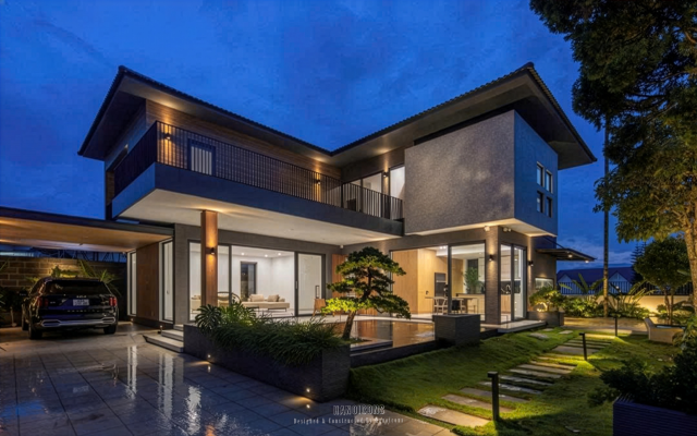 Thiết kế biệt thự hiện đại chữ L 400m2, thi công trọn gói, sử dụng vật liệu và hệ thống chiếu sáng chuyên nghiệp, tối ưu công năng sử dụng.