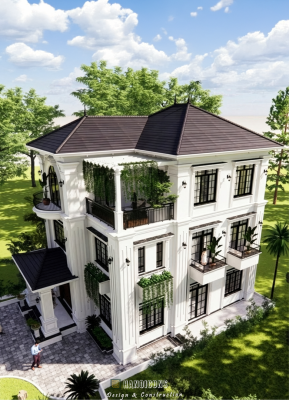 Phối cảnh tổng thể mẫu biệt thự 3 tầng mái Nhật hình chữ L diện tích 360m2.