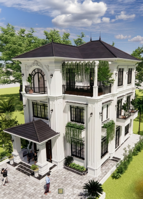 hiết kế mặt bên biệt thự tân cổ điển 3 tầng với hệ thống ban công xanh mát.