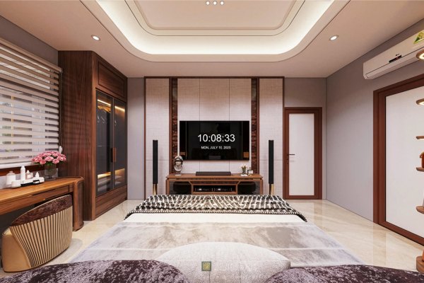 View kệ tivi và bàn trang điểm trong phòng ngủ biệt thự tân cổ điển.