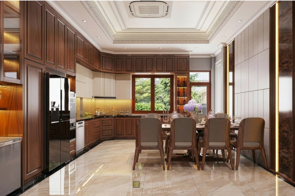 Phối cảnh tổng thể phòng bếp và khu vực ăn uống sang trọng.