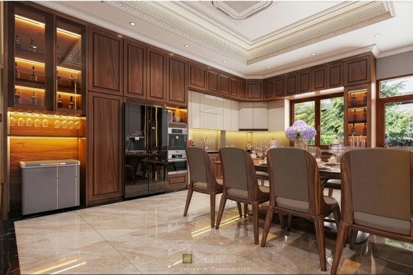 Thiết kế phòng bếp và bàn ăn biệt thự tân cổ điển hiện đại.