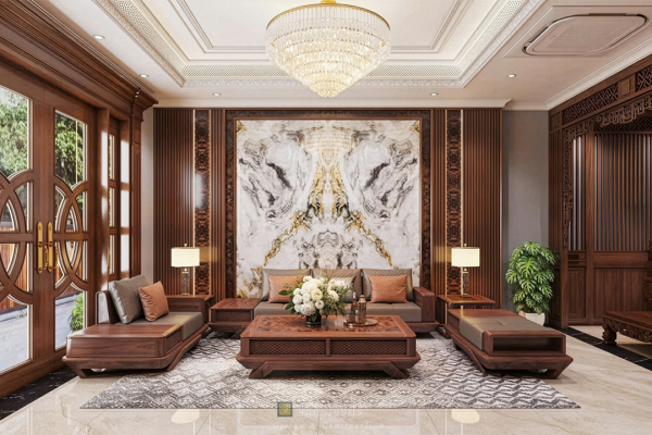 View trực diện phòng khách biệt thự tân cổ điển với mảng tường đá trang trí cao cấp.