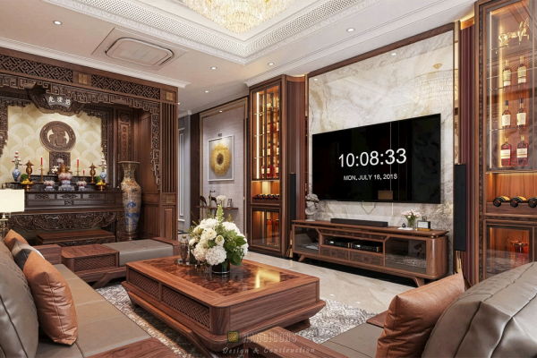 Phối cảnh 3D phòng khách biệt thự tân cổ điển với nội thất gỗ và khu vực thờ sang trọng.