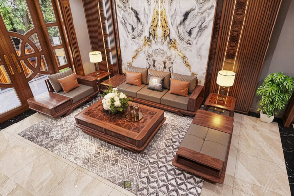 Phối cảnh từ trên cao phòng khách biệt thự sử dụng gỗ óc chó và đá tự nhiên.