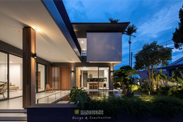 Khối kiến trúc chữ L giúp tối ưu hóa diện tích sân vườn và tạo khoảng lùi cần thiết.