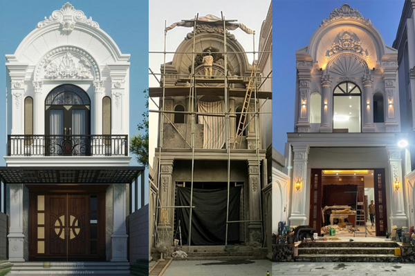 hình ảnh bản vẽ 3d, thi công thực tế đến hoàn thiện căn biệt thự tân cổ điển