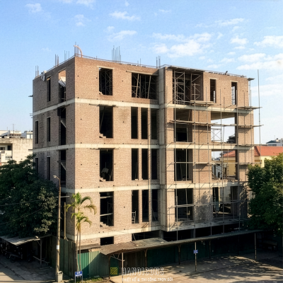 Thi công xây dựng tường gạch phần thô cho dự án nhà phố dân dụng 5 tầng tại Hưng Yên.