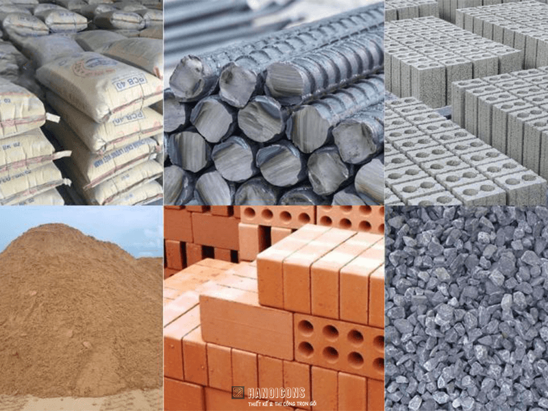 Các loại vật liệu thi công phần thô tiêu chuẩn như thép, xi măng, cát, đá, gạch đỏ nung dùng trong xây dựng nhà dân dụng.