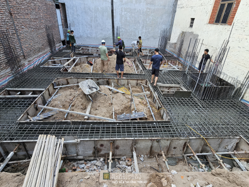 Sơ đồ kết cấu cốt thép móng băng chịu lực trong thi công xây dựng nhà phố.